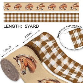 2 Rolls Horse Wired Ribbon, 2.5 Inch x 5 Yards Each, Brown Equestrian Burlap Buffalo Check Ribbons, for Western Country Decor, Ranch Wedding, Farm House Decoration, Horse Themed Events