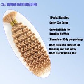 Dabork Human Braiding Hair 16 Inch 100g 2 Bundles/Pack Bulk Deep Wave No Weft Human Hair for Boho Box Braids Extensions #27 Honey Blonde