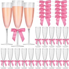 Zopeal 20 Pcs 6 oz Clear Plastic Champagne Flutes Disposable Wine Glasses Plastic Cocktail Glasses with 50 Pcs Bow Decoration 3.5 inches for Weddings Toasting Graduation Party(Pink Bow)