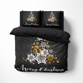 FEBE 3D Bed Linen Snowflakes Christmas Tree Christmas Duvet Cover Set 135 x 200 cm + Pillowcase 80 x 80 cm Reversible Bed Linen 2-Piece with Zip Microfibre Winter Bedding Duvet Cover