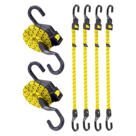 6 Pcs 48 Inch Flat Adjustable Bungee Cords with Hooks, 3X Faster to Adjust The Length, Lucky Straps Black/Yellow Heavy Duty Bungee Straps for Cargo, Bike, Cart, Tent, Truck, Camping, Outdoor, etc