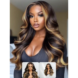 Nadula Bye Bye Knots Glueless Butterscotch Highlight Body Wave 7x5 Pre Cut Lace Front Wigs Human Hair Pre Plucked Bleached Knots Ready to Wear with Face-Framing Brown Highlights 150% Density 18inch