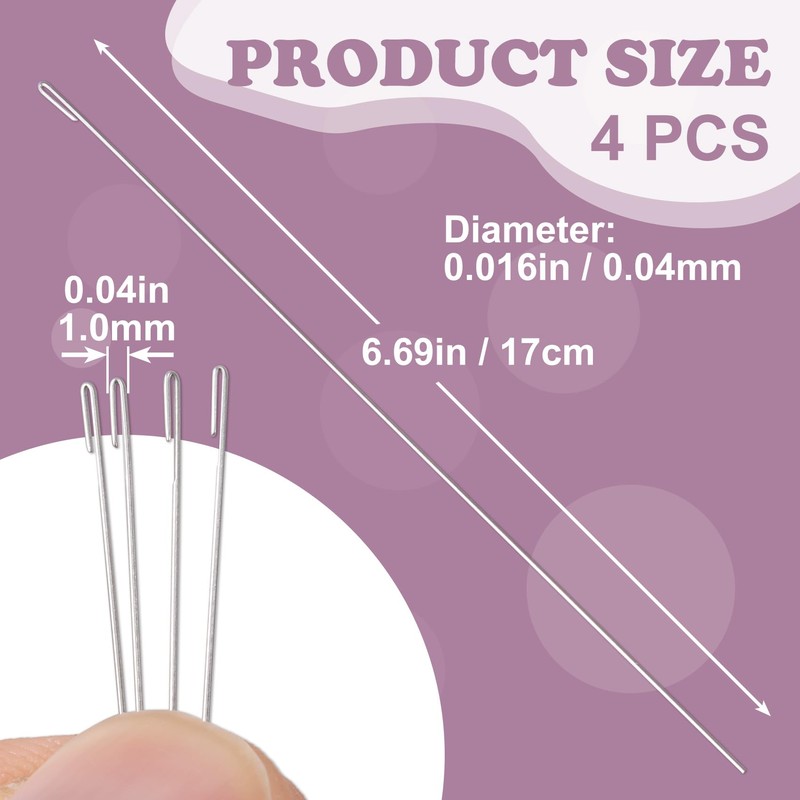 SmallCat 4 Pcs Metal Beading Needles, Steel Bead Crochet Hook,