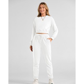 BTFBM Women 2 Piece Outfits Long Sleeve Crop Top Pullover Drawstring Pant Jogger Set Casual Sweatsuits Tracksuit Pockets(White, X-Large)