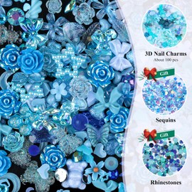 Kikonoke 100 Pieces 3D Resin Butterfly Bear Nail Charms Rose Flower Peach Skirt Bow Deer Snake Rabbit Animal Shaped Nail Art Rhinestones Pearls for DIY Nail Art Decoration Making Craft (Blue)