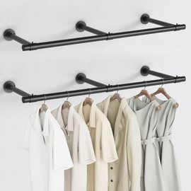 2 Pack Clothes Rack for Hanging Clothes, Heavy Duty Round Metal Clothing Rack, 64'' Modern Style Garment Bar Closet Rod, Saving Wall Mounted Clothes Hanger for Laundry Room, Closet, Matte Black