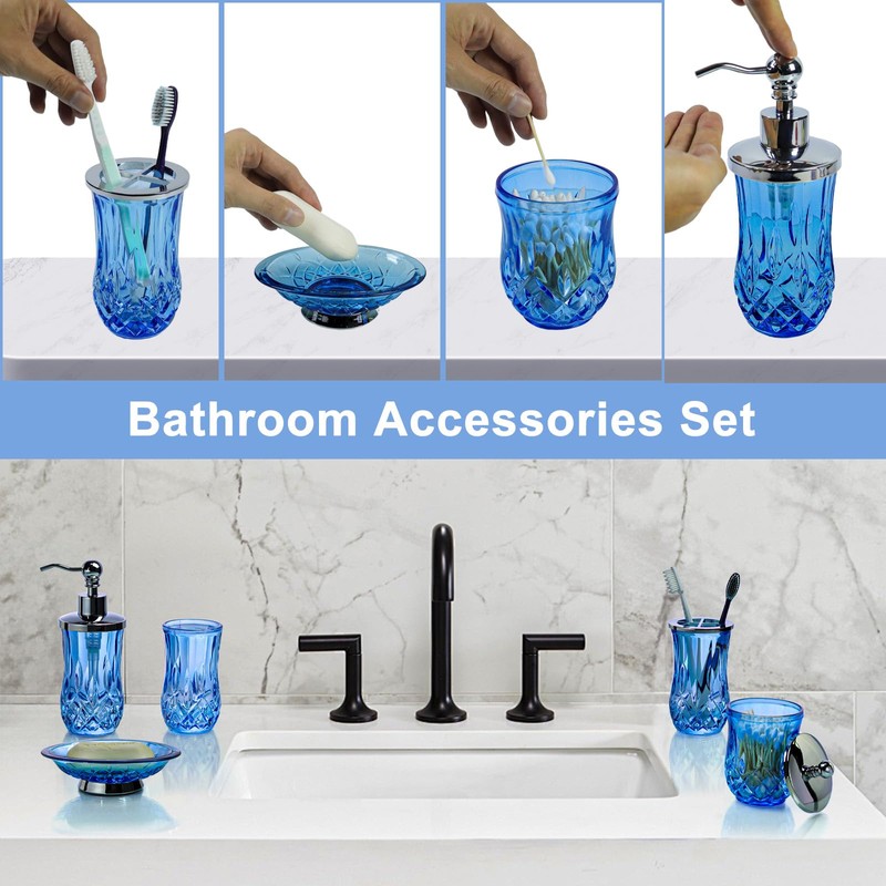 Bathroom Accessories Set,5 Pcs Blue Glass Bathroom Accessory Set,Complete Lotion
