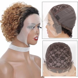 ONICA Short Afro Curly Pixie Cut Lace Front Wigs, HD Lace Frontal Wigs Human Hair for Black Women 6 Inch 180% Density (1B 27#)
