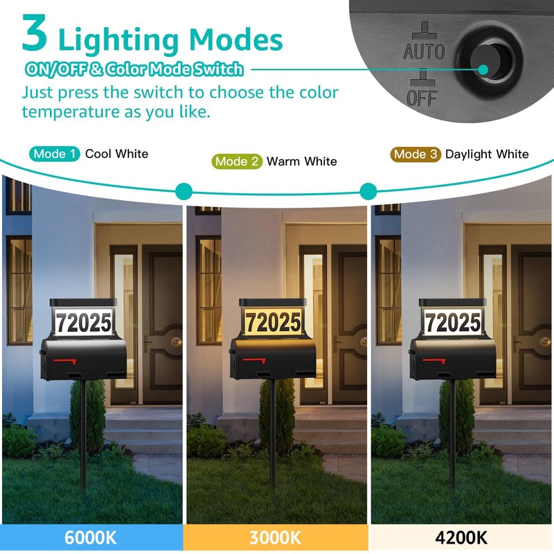 ASOMST Solar Address Sign, 3-Color Lighting Modes Mailbox Number Plaque