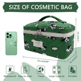 Large Makeup Bag, Cute Cosmetic Bag for Women Girls, Floral Coquette Aesthetic Toiletry Bag, Travel Make Up Organizer Bag (Green Dog Print）
