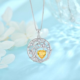 FJ Tree of Life Necklaces for Women 925 Sterling Silver Family Tree Pendant Citrine Necklace November Birthstone Jewellery Birthday Gifts for Her