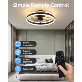 KDG 15.8" Low Profile LED Ceiling Fans with Light, Reversible Flush Mount with Remote and 6 Winds Speeds Fan Lighting, 3 Colors Dimmable for Bedroom, Living Room, Kids, Dinning Room, Kitchen (Black)