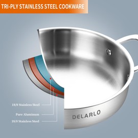 DELARLO Tri-Ply Stainless Steel 10 Inch Frying Pan 3QT Saute Pan With Lid Kitchen Skillets Induction Compatible Chef Cooking Pan Dishwasher & Oven Safe