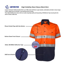 LANTERN FISH Hi Vis Work Cotton Shirt with Reflective Tape,Men Workwear Uniform Clothing 2XL Orange/Navy