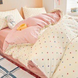 Nayoroom Bed Linen 135 x 200 cm Cotton Colourful Hearts White Duvet Cover 2-Piece Set Aesthetic Cute Hearts Clean Girl Bed Linen Set and Pillowcase 80 x 80 cm with Zip