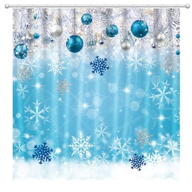 Fitumiw Christmas Winter Wonderland Shower Curtain 72" x 72" Winter Snowflakes Home Bathroom Decorations Blue Christmas Balls Bathtub Curtain Set with 12 Hooks