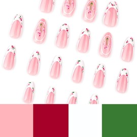 White French Tip Press on Nails Medium Almond Shape Flower Summer False Nails Almond Fake Nails with Designs Artificial Acrylic Nail Tips Full Cover Glue Stick on Nails for Women 24PCS