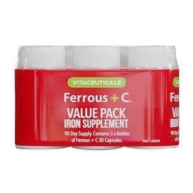 Vitaceuticals Ferrous Gluconate + Vitamin C Iron Supplement | HIGH ABSORPTION, Pregnancy Safe | Value Pack 3x30 Veg Capsules
