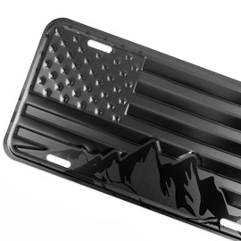 American Flag with Mountains License Plate. Embossed 3D Aluminum (Black on Matt Black)
