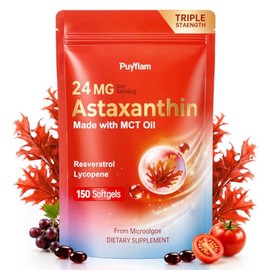 Astaxanthin 24mg with Resveratrol & Lycopene, 3-in-1 Liposome Antioxidant Supplements Complex with MCT Oil for Skin, Eye, Heart, Immune & Healthy Agin