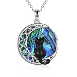 POPLYKE Cat Necklace Sterling Silver Crystal Celtic Moon Pendant Irish Jewelry Gifts for Women (black)