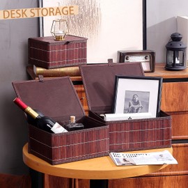 Honygebia Bamboo Decorative Storage Boxes - Set of 3 Woven Lined Storage Basket with Lids, Retro Brown Wicker Lidded Baskets for Home Kitchen Shelf Organizer Decor