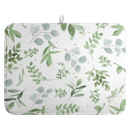 Summer Sage Green Leaves Dish Drying Mat Spring Eucalyptus Leaf Kitchen Dish Drying Pad Absorbent Dish Dryer Mat for Kitchen Countertops Microfiber Dishes Drainer Pad Dish Drying Rack Mat (18x24 in)