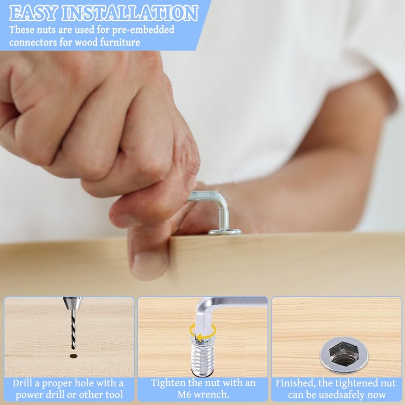 Pack of 100 Threaded Insert Wood, M6 x 20 Screw