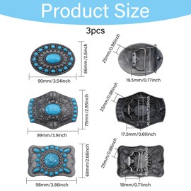 CHGCRAFT 3 Pcs 3 Styles Turquoise Belt Buckle Alloy Belt Buckles for West Cowboy Belt Fastener Rectangle Oval Antique Silver Western Belt Buckles for Women
