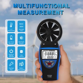SURLABA Anemometer Handheld, Digital Wind Speed Meter with Temperature & Humidity Sensor, 0.3-30m/s CFM Meter, Backlight LCD, Rechargeable for HVAC Drone Flying Golf Sailing Shooting