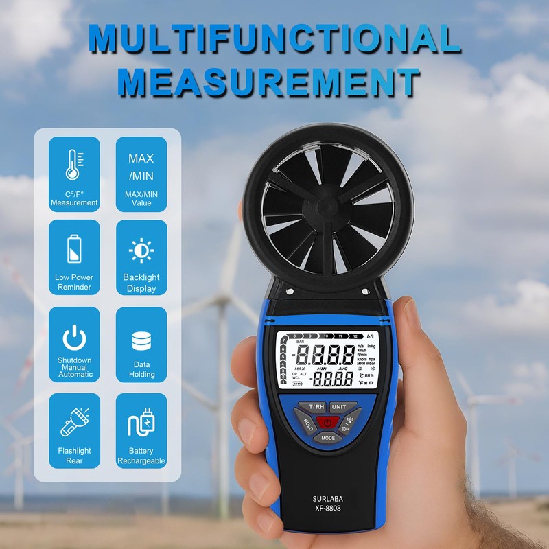 SURLABA Anemometer Handheld, Digital Wind Speed Meter with Temperature &