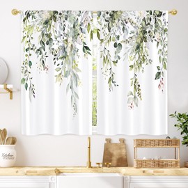 Gibelle Farmhouse Eucalyptus Kitchen Boho Rustic Floral Botanical Sage Green Leaves Small Short Cafe Curtains for Living Dining Room Bathroom RV Windows 26"x39"