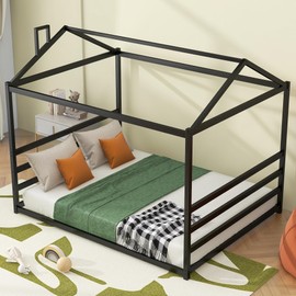 Harper & Bright Designs Metal House Shape Platform Bed Frame for Boys Girls Kids Adults Toddler, Black, Queen