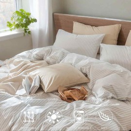 Nanko 100% Washed Cotton Striped Duvet Cover Set King Size Linen Like, White Grey Pattern Soft Bedding Sets Comforter Covers with Zip Tie Modern Farmhouse Natural for Women Men Teen 3Pc 104 x 90 Gray