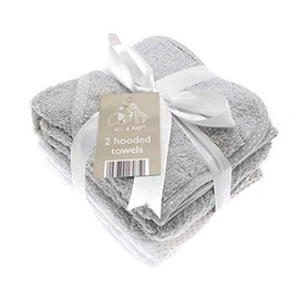 2 Soft White Elli and Raff Baby Hooded Bath Time Towel 100% Cotton Baby Gift (Grey)