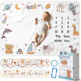 OSTANDRAFFE Monthly Milestone Blanket for Baby Boy, First 12 Months Growth Chart, Newborn Essentials, Large Size 60" x 40", Soft Fleece Photo Blanket, 16 Character Stickers