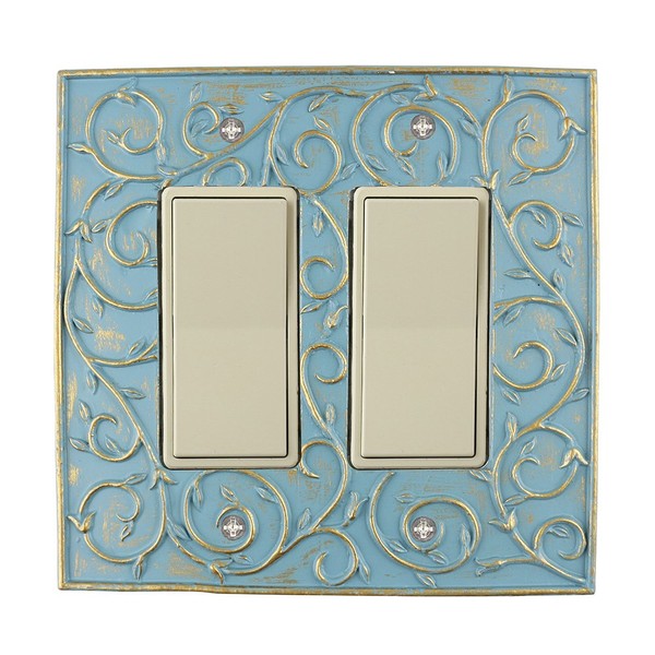 Meriville French Scroll 2 Rocker Wallplate, Double Switch Electrical Cover Plate, Cameo Blue with Gold