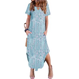Zeagoo Womens Maxi Dress Long Floral Dresses for Women Loose Dress for Women 2025 Printed Boho Dress with Pockets Short Sleeve Dress