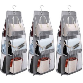 saijer Hanging Handbag Storage, Handbag Organiser, Hanging, Foldable Bag Organiser, Hanging Organiser Bags with 6 Compartments, Bag Holder for Bedroom, Wardrobe (Pack of 3)