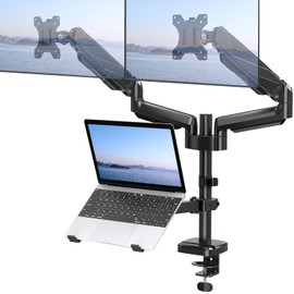 MOUNT PRO Monitor and Laptop Mount for 2 Max 27" Computer Screens, Laptop Tray Fits 10-17inch Notebook, 3-in-1 Adjustable Laptop and Monitor Desk Mount with VESA Bracket 75/100mm