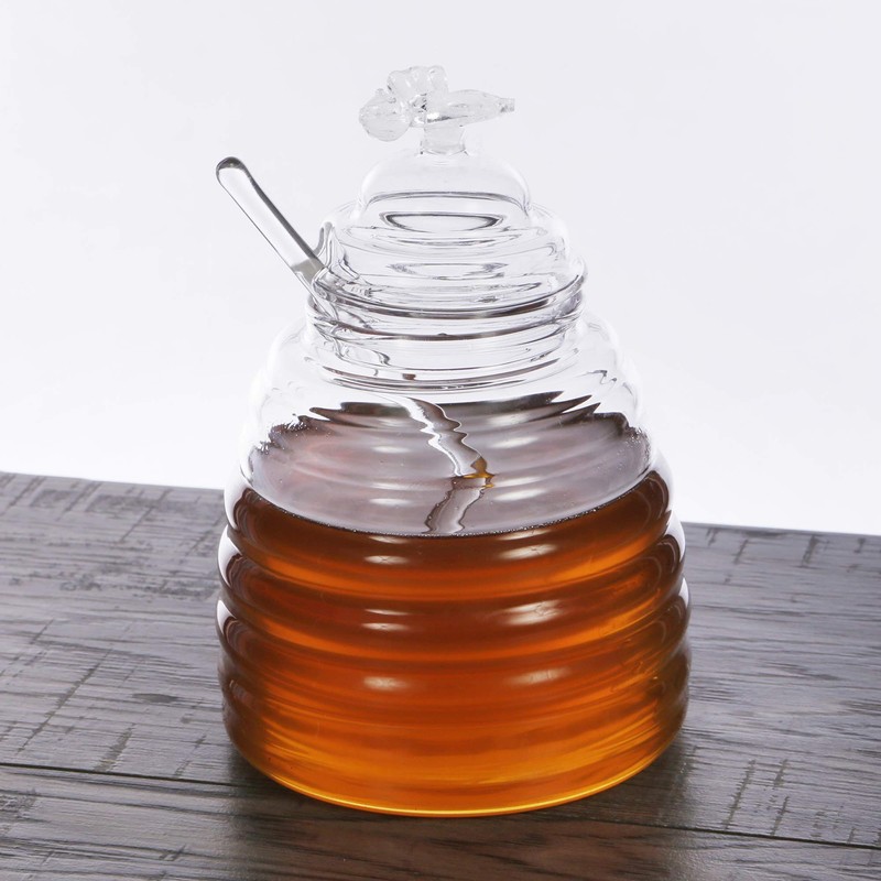 ORNAMI Handmade Glass Honey Pot with Dipper and Lid, 450