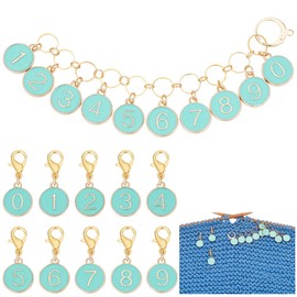 BENECREAT 11Pcs Number Stitch Marker Charms, Alloy Enamel 0~9 Knitting Row Counter Chains Enamel Locking Stitch Charm with Lobster Clasps for Knitting Weaving Sewing, Turquoise