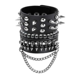 MILAKOO Black Punk Leather Armband - Spike Studded Rivet Punk Rock Armband - Adjustable, Base Metal