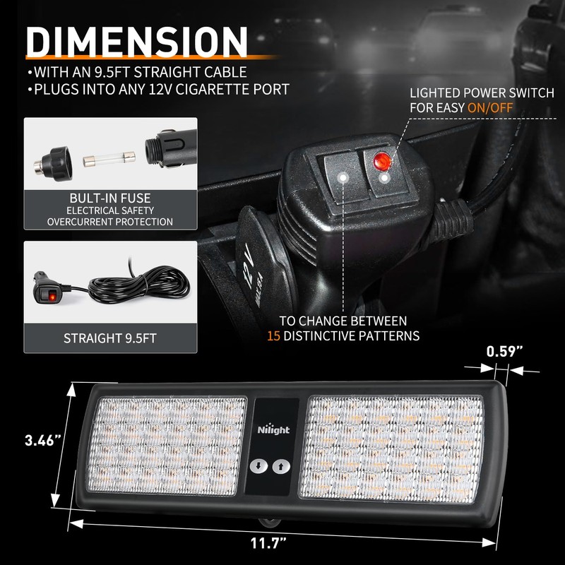 Nilight Amber 48LED Visor Strobe Lights Interior Windshield Emergency Warning