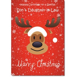 doodlecards Son and Daughter in Law Christmas Card Rudolph on Red Background Medium Size Christmas Card for Son & Daughter-in-Law with Plain Envelope