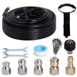 Zejoot 50FT Sewer Jetter Kit for Pressure Washer, 5800PSI Drain Cleaner Hose 1/4 Inch NPT Corner with 4 Sewer Jetting Nozzles，Waterproof Tape，Pearl Corsage Pin，Handle Strap & 2 Spanners (Black)