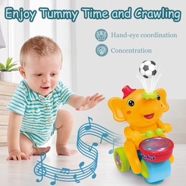ARHEQI Baby Elephant Musical Crawling Toy with Lights, Sounds, Blowing Ball, Toddler Tummy Time Toys, Infant Sensory Gifts for Kids Boy Girl 1 2 3 4 5 6 7 Years (Yellow)