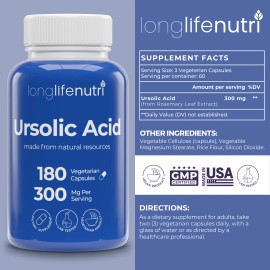 LongLifeNutri Ursolic Acid 300mg - Sourced from Rosemary Leaf Extract, 180 Vegetarian Capsules