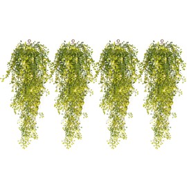 RECUTMS 4Pcs Artificial Hanging Ferns Plants with 30 Lights Fake Ivy Vine Faux Greenery Garland for Porch Fence Patio Yard Wedding Party Indoor Outdoor Decorations (Yellow)