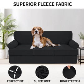 Deeky 4 Pieces Stretch Sofa Covers T Cushion Sofa Slipcover Soft Fleece Couch Cover Furniture Protector Covers with 3 Individual T Cushion Shape Seat Cover Machine Washable, Sofa, Black